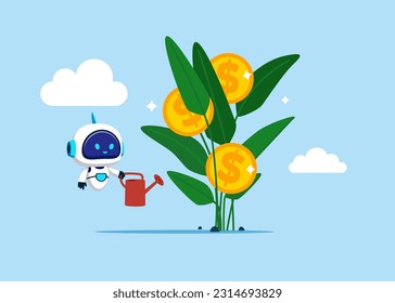 Robot con inteligencia artificial acabado de regar el cultivo de plántulas de dinero con flor de moneda. Crecimiento financiero y de la inversión. Ilustración vectorial plana