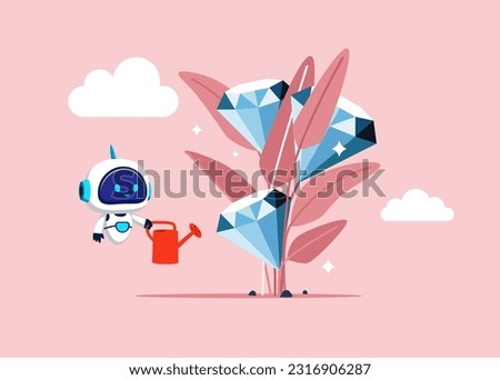 Robot with artificial intelligence finish watering growing plant seedling with diamond flowers. Financial and investment growth. Jewelry. Flat vector illustration