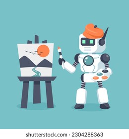 La inteligencia artificial de Robot generó Artwork. Ai chatbot ayuda al servicio para pintar una foto. Diseño plano de ilustración vectorial para banner, afiche y fondo.