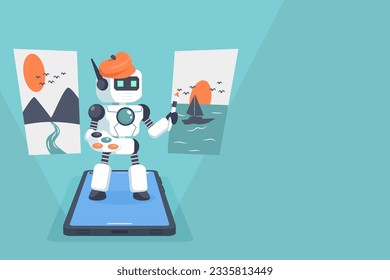 La inteligencia artificial de Robot generó Artwork en smartphone. Ai chatbot ayuda al servicio para pintar una foto. Diseño plano de ilustración vectorial para banner, afiche y fondo.