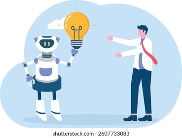 Robot with artificial intelligence give idea bulb to businessman. Artificial intelligence business concept.

