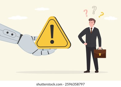 Robot with artificial intelligence give warning sign after incident. Giant attention sign with exclamation mark for businessman. Error, incident root cause analysis. Chat bot replace human worker.