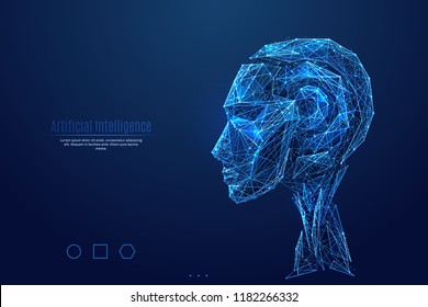 Robot. Artificial Intelligence. Head side view. Low poly blue. Blue polygonal abstract science illustration. In the form of a starry sky or space. Vector image of cyborg in RGB Color mode.