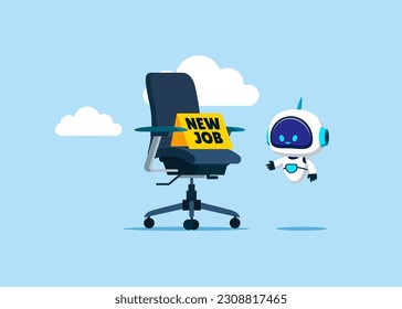 Robot with artificial intelligence with his new job office chair. New job offer. Robot replace people. Flat vector illustration.