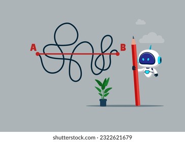 Robot with artificial intelligence holding red pencil in hand leads a drawing line from point A to point B, Shortest distance to goal, easy or shortcut way to win business success.