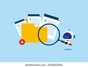 Robot with artificial intelligence holds magnifying glass and add files to big folder. Storage and indexing of information. User and data archive. Database, searching info. Flat vector illustration