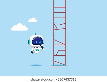 Robot with artificial intelligence look at broken ladder. Obstacle Business concept. Flat vector illustration