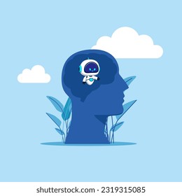 Robot with artificial intelligence  in the male brain. Silhouettes of thought images. Modern vector illustration in flat style
