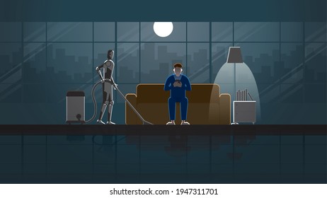 Robot Artificial intelligence mechanism clean and work as maid in the house for 24 hours in the dark and full moonlight with people. A man sitting on sofa and use smartphone in living room with realx.