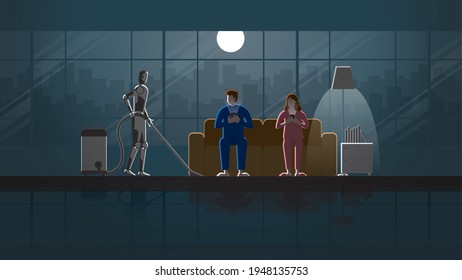 Robot Artificial intelligence mechanism clean and work as maid in the house for 24 hours in the dark and full moonlight with people. Man and woman couple sit on sofa and use smartphone in living room.