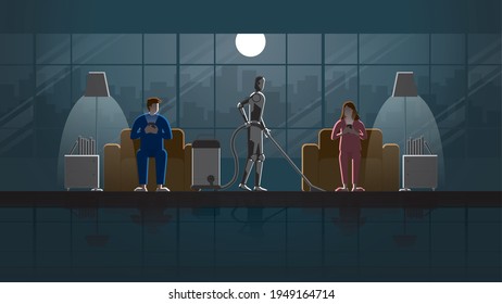Robot Artificial intelligence mechanism clean and work as maid in the house for 24 hours in the dark and full moonlight with people. Man and woman couple sit on sofa and use smartphone in living room.