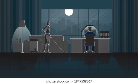 Robot Artificial intelligence mechanism clean and work as a maid in the house for 24 hours in the dark and full moonlight with people. A man working from home on a desktop computer in the living room.