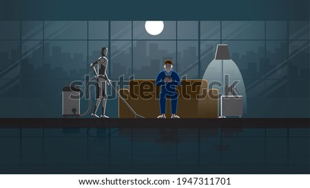 Robot Artificial intelligence mechanism clean and work as maid in the house for 24 hours in the dark and full moonlight with people. A man sitting on sofa and use smartphone in living room with realx.