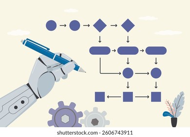 Robot with artificial intelligence with plan of business and technology procedures. Work algorithm. Robot arm uses pen and writing scheme or plan. Machine learning. flat vector illustration