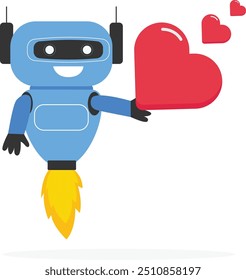 Robot de inteligencia artificial recibiendo mensaje de amor. Concepto del día de San Valentín para el Anuncio, el diseño del Sitio web o la página del Web de aterrizaje. Ilustración vectorial moderna en estilo plano.

