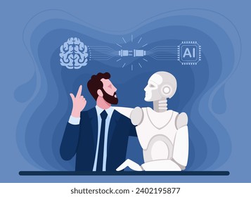 A robot with artificial intelligence sits next to a person. The concept of cooperation between artificial intelligence and humans. Connecting artificial intelligence with the human mind. AI training.