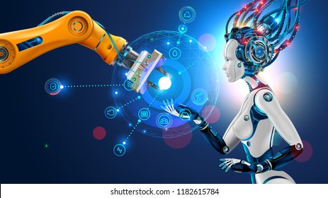 Robot with artificial intelligence takes control of factory into their hands. Robotic arm goes into the management of AI. Hud interface with icons management of industrial automation of manufacturing.