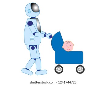 A robot with artificial intelligence is taking care of babies.
