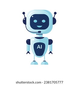 Ilustración del carácter de la tecnología de inteligencia artificial de robots. El androide lindo con texto AI aislado en blanco. Concepto de innovación digital. Elemento de diseño para la publicación en el sitio web de afiches