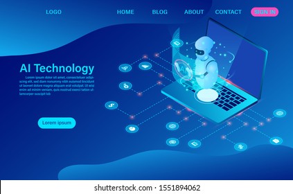 robot artificial intelligence technology in software computer. data analyze business data. Isometric
