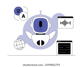 Robot with artificial intelligence that can translate various languages ​​through voice and text, semi outline style, vector illustration.