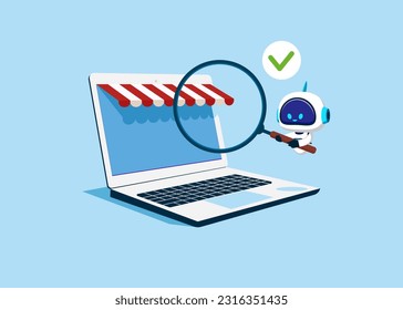 Robot with artificial intelligence uses a magnifying glass to view the trading market. Business analysis or market analysis. Modern vector illustration in flat style