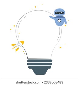 Robot with artificial intelligence using a magnifying glass with a light bulb. Validate Your Idea. Find a problem. Flat vector illustration. 2167