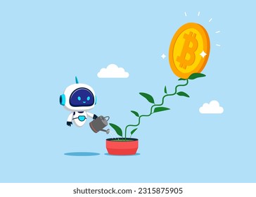 Robot with artificial intelligence watering seedling plant growing up as stair to climb to reach success. Growth step or career path. Modern flat vector illustration.
