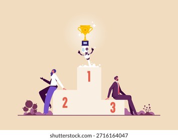 Robot Inteligencia artificial ganadora, gente de negocios competencia contra un robot, IA para reemplazar a la gente en el trabajo de oficina, IA robot ganador sosteniendo trofeo de campeón con competencia humana