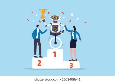 Robot Artificial intelligence winning, working together with AI, innovation to help success, AI to replace people in office work, AI robot winning holding champion trophy with human competition.