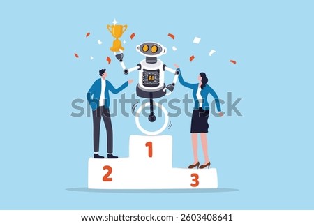 Robot Artificial intelligence winning, working together with AI, innovation to help success, AI to replace people in office work, AI robot winning holding champion trophy with human competition.