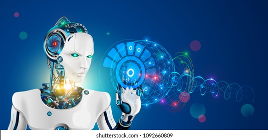 Robot with artificial intelligence. Wise cyborg with higher or supreme mind working on abstract hud virtual interface. Future science concept. Industrial revolution 4.0