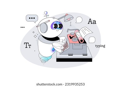 Robot Artificial Intelligence Writer is Typing on a Typewriter. Ai machine Comes up with Text. Neural network copywriter writing an article. Vector illustration.