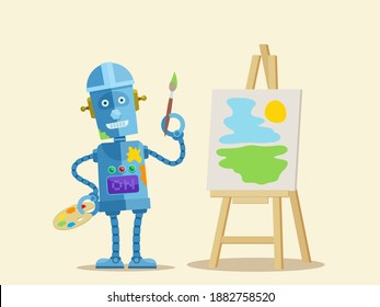 The robot artist holding a brush and a palette with paints and drawing a picture. Artificial intelligence and creativity. Vector illustration, flat design, cartoon style, isolated background.