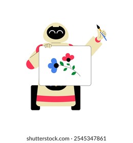 Robot Artist Holding Canvas With Floral Painting In Flat Vector Illustration Symbolizing Creativity, Art, And Digital Innovation, Isolated On White Background.