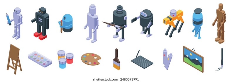 Robot artist icons set. Set of various robots using art supplies, showcasing the intersection of technology and creativity