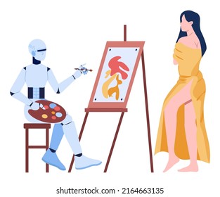 Robot as an artist. Idea of artificial intelligence and futuristic technology. Robotic character creating a piece of art. Flat vector illustration