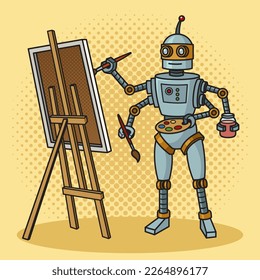 Robot artist painter pop art retro vector illustration. Comic book style imitation.