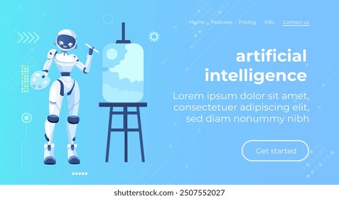 Robot artist painting creative picture artificial intelligence artist working to create digital image online. machine learning creative process and precision drawing. landing web banner