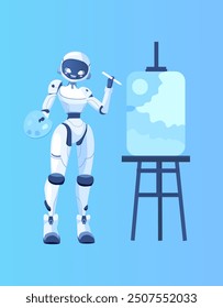 Robot artist painting creative picture artificial intelligence artist working to create digital image online. machine learning creative process and precision drawing. landing web banner