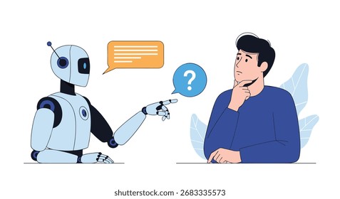 Um robô faz uma pergunta a um homem que parece estar pensando sobre a resposta.