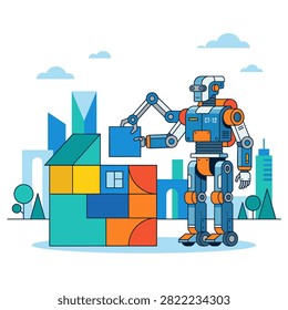 Robot assembling colorful geometric blocks to build a house in front of a stylized city skyline illustration