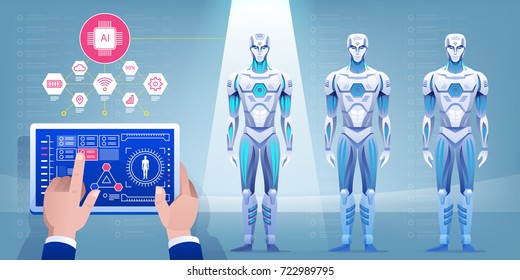 Robot assembly line producing cyborg in factory. Engineer hand using tablet