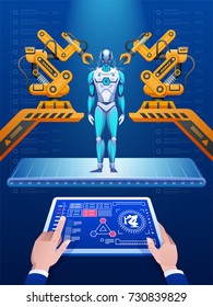 Robot assembly line producing cyborg in factory. Vector illustration