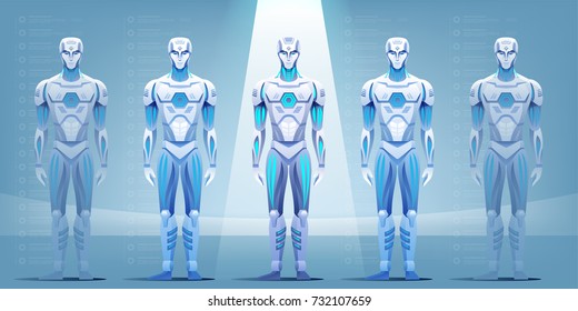 Robot assembly line producing cyborg in factory. Vector illustration