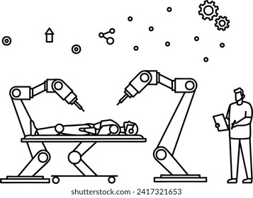 Robot assembly or prototyping vector icon design, robotic science symbol, special purpose machine sign Cyborg illustration, Mechanical Structure being Manufacturing by Automated Controlled Arm concept