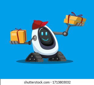 robot assistance carrying cardboard box package, courier robot delivery to customer in cartoon flat illustration vector