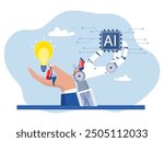 robot assistance, people work with computer laptop on AI artificial intelligence chip with idea creative idea AI artificial intelligence, technology helping or support doing successful work