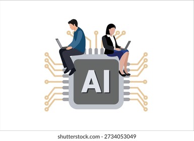 robot assistance, people work with computer laptop on AI artificial intelligence chip ,Working with chat bot or AI artificial intelligence, technology helping or support doing successful work

