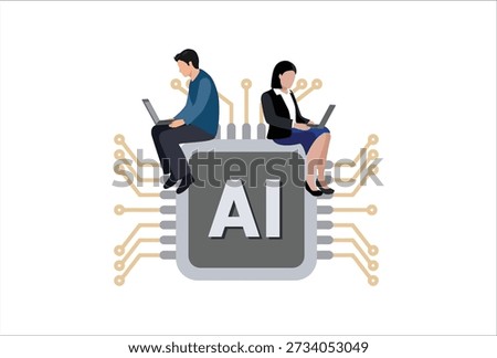 robot assistance, people work with computer laptop on AI artificial intelligence chip ,Working with chat bot or AI artificial intelligence, technology helping or support doing successful work


